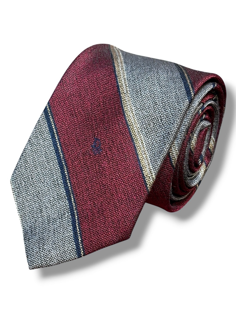 CHRISTIAN DIOR Grey & Maroon Diagonal Stripe Embroidered Polyester Tie VINTAGE